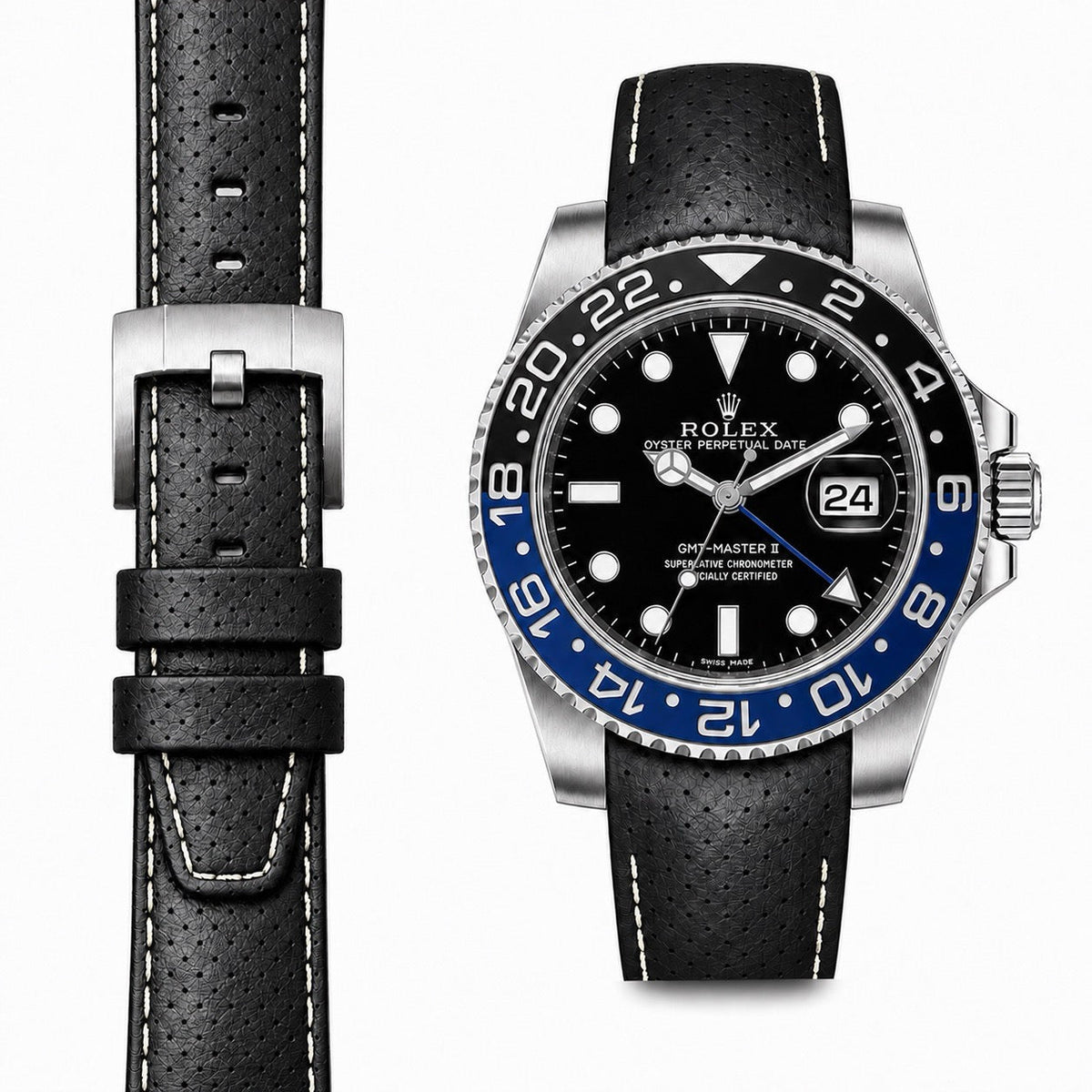 Gewölbtes Rennsport-Lederarmband für Rolex GMT Master II Keramik mit Dornschließe