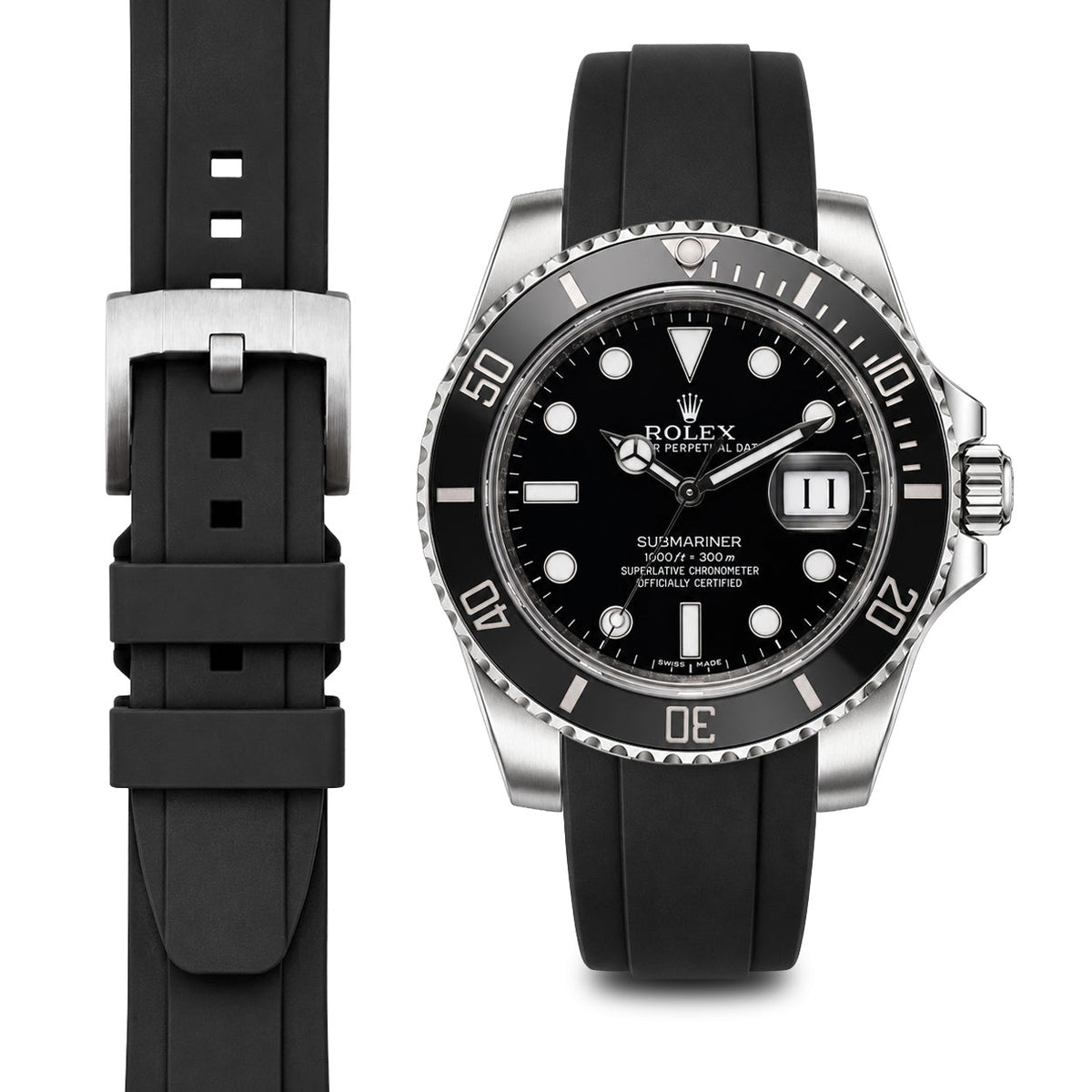 Gewölbtes Kautschukarmband für Rolex Submariner Keramik mit Dornschließe