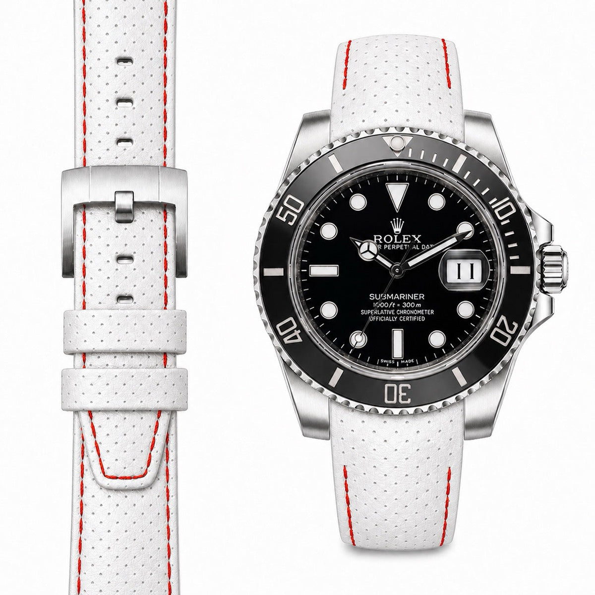 Armband aus Racing-Leder mit gebogenem Ende für Rolex Submariner Ceramic mit Dornschließe